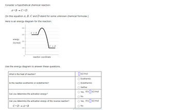 Consider a hypothetical chemical reaction:
A+B → C+D
(In this equation A, B, C and D stand for some unknown chemical formulas.)
Here is an energy diagram for the reaction:
energy
(kJ/mol)
400-
300-
200+
100-
0
A + B
reaction coordinate
Use the energy diagram to answer these questions.
What is the heat of reaction?
C + D
Is the reaction exothermic or endothermic?
Can you determine the activation energy?
Can you determine the activation energy of the reverse reaction?
C+DA+B
kJ/mol
O Exothermic
O Endothermic
O Neither
Yes, it's kJ/mol
O No.
Yes, it's kJ/mol
O No.