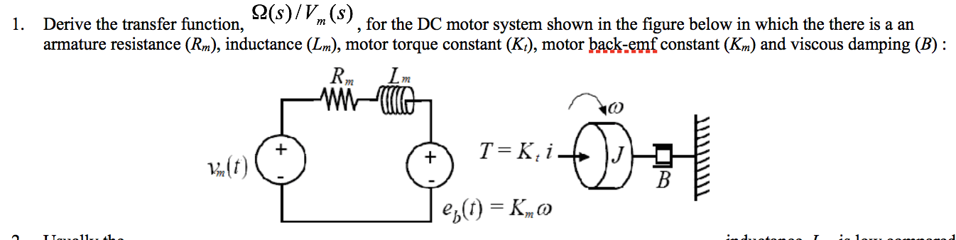 (s)/V(s)
Derive the transfer function,
armature resistance (Rm), inductance (Lm), motor torque constant (K), motor back-emf constant (Km) and viscous damping (B)
, for the DC motor system shown in the figure below in which the there is a an
1.
m
m
m
T = K, i
4(f)
es() = K,
