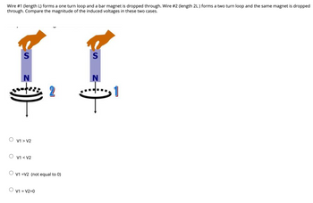 Wire #1 (length L) forms a one turn loop and a bar magnet is dropped through. Wire #2 (length 2L ) forms a two turn loop and the same magnet is dropped
through. Compare the magnitude of the induced voltages in these two cases.
S
N
V1 > V2
V1 < V2
2
O V1 =V2 (not equal to 0)
V1 = V2=0
S
N