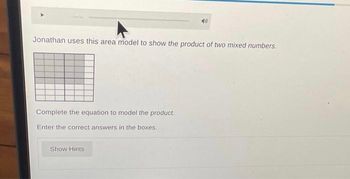 Jonathan uses this area model to show the product of two mixed numbers.
Complete the equation to model the product.
Enter the correct answers in the boxes.
Show Hints