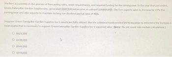 The firm is currently in the process of forecasting sales, asset requirements, and required funding for the coming year. In the year that just ended,
Green Caterpillar Garden Supplies Inc. generated $500,000 net income on sales of $14,000,000. The firm expects sales to increase by 18% this
coming year and also expects to maintain its long-run dividend payout ratio of 45%.
Suppose Green Caterpillar Garden Supplies Inc.'s assets are fully utilized. Use the additional funds needed (AFN) equation to determine the increase in
total assets that is necessary to support Green Caterpillar Garden Supplies Inc.'s expected sales. (Note: Do not round intermediate calculations.)
O $621,000
O $432,000
O $540,000
O $459,000