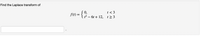 Find the Laplace transform of
t < 3
0,
l2 – 6t + 12, t>3
f(t) =
