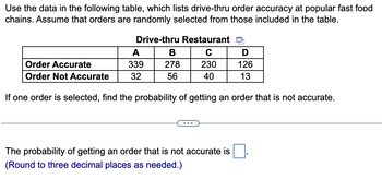 Use the data in the following table, which lists drive-thru order accuracy at popular fast food
chains. Assume that orders are randomly selected from those included in the table.
Drive-thru Restaurant
A
B
C
D
Order Accurate
339
278
230
126
Order Not Accurate
32
56
40
13
If one order is selected, find the probability of getting an order that is not accurate.
...
The probability of getting an order that is not accurate is
(Round to three decimal places as needed.)