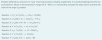 Ethylene (ethene) is a precursor to many important products including polyethylene. It is produced along with other by-
products from ethane in the temperature range 700 K - 900 K, in a reaction that includes the steps below. Note that the
order of the steps is jumbled!
Reaction 1: CH3° + CH3CH3
CH4 + CH3CH2'
Reaction 2: CH3CH2'+ M
CH2CH2 + H'+ M
Reaction 3: CH2CH2 + H'+ M → CH3CH2'+ M
Reaction 4: H' + CH3CH3
H2 + CH3CH2
Reaction 5: H2 + CH3CH2'
→ H' + CH3CH3
Reaction 6: H' + CH3CH2'
CH3CH3
Reaction 7: CH3CH3 + M → 2CH3' + M
