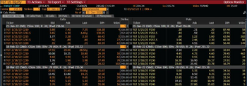 TGT US Equity 95) Actions 96) Export. 97) Settings.
TARGET CORP
-5.845
216.12 Strikes
Center
Calc Mode
ID Center Strike
Calls/Puts 83 Calls
1215.875
5 Exp 21-Jan-22
DTGT 1/21/22 C210
2) TGT 1/21/22 C212.5
Ticker
Bid
21-Jan-22 (0d); CSize 100; R .26; IFwd 216.06
5.80
3.65
1.77
56
15
3) TGT 1/21/22 C215
4 TGT 1/21/22 C217.5
5) TGT 1/21/22 C220
10 Puts
Calls
10.00
4.60
1.76
.62
Ask
7.40
6.10
2.28
.89
.26
-2.6362%
Exch US Composite
As of
19 Term Structure
21.60
13.80
8.65
5.15
2.95
18-Feb-22 (28d); CSize 100; IDiv .78 USD; R .26; IFwd 215.32
TGT 2/18/22 C200
17.55
20.00
7) TGT 2/18/22 C210
10.25
4.90
TGT 2/18/22 C220
TGT 2/18/22 C230
100 TGT 2/18/22 C240
1.96
.73
Last
21-Jan-2022
7.35
6.65y
2.10
80
21
28.50y
10.80
18-Mar-22 (56d); CSize 100; IDiv .78 USD; R.26; IFwd 215.36
10) TGT 3/18/22 C200
20.15
12 TGT 3/18/22 C210
13.45
13) TGT 3/18/22 C220
8.35
14 TGT 3/18/22 C230
4.85
15) TGT 3/18/22 C240
2.70
5.15
1.98
72
215.82/215.99
29.00y
14.25
9.65
5.10
2.85
Moneyness
IVM
118.18
130.35
66.42
64.54
60.19
37.18
29,19
27.75
27.49
28.22
35.07
32.58
31.34
31.07
31.08
Volm
Hi 220.34
92) 03/02/22 E | ERN >>
Strike
Lo 215.76
Ticker
Bid
21-Jan-22 (0d); CSize 100; R .26; IFwd 216.06
4210.00 50 TGT 1/21/22 P210
.18
.44
212.50 52 TGT 1/21/22 P212.5
5215.00 530 TGT 1/21/22 P215
77217.50 50 TGT 1/21/22 P217.5
62 220.00 55) TGT 1/21/22 P220
5-
Puts
.89
1.96
3.90
Volm 717042
Ask
31
.59
1.22
2.46
4.55
2.20
4.75
9.55
16.90
25.95
Last
18-Feb-22 (28d); CSize 100; IDiv .78 USD; R .26; IFwd 215.32
200.00 56 TGT 2/18/22 P200
10 210.00 57) TGT 2/18/22 P210
2.10
4.45
9.15
62 220.00 58 TGT 2/18/22 P220
79 230.00 59 TGT 2/18/22 P230
102 240.00 600) TGT 2/18/22 P240
.30
.50
1.00
2.30
4.00
5.15
8.50
13.45
19.80
27.80
2.10
4.60
9.40
16.30
23.85
18-Mar-22 (56d); CSize 100; IDiv .78 USD; R.26; IFwd 215.36
200.00 61) TGT 3/18/22 P200
16 210.006) TGT 3/18/22 P210
5.00
8.30
12.85
20 220.00 63) TGT 3/18/22 P220
35 230.00 60 TGT 3/18/22 P230
19.15
16 240.00 65) TGT 3/18/22 P240
26.05
16.37
23.78
4.95
8.35
12.55
18.49
25.83
Option Monitor
HV 25.09
IVM
87.48
77.91
63.96
60.30
56.40
32.04
29.45
27.52
27.01
16.79
34.16
32.35
31.34
30.06
28.44
Volm
58
36
202
86
149
44
462
34
28
20
18
38
6
9
5