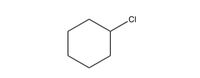 The image depicts the chemical structure of chlorocyclohexane. It is represented as a cyclohexane ring, which is a six-carbon ring forming a hexagon. A chlorine (Cl) atom is attached to one of the carbon atoms in the ring. This structure is commonly used in organic chemistry to study reactions involving halogenated compounds and demonstrate the properties of cycloalkanes and their derivatives. The hexagonal shape indicates the cyclohexane, while the "Cl" denotes the chlorine substituent on the ring.