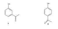 The image displays chemical structures labeled A and B, both featuring aromatic rings with attached hydroxyl (OH) groups and carbonyl (C=O) groups. Here's a detailed description:

### Chemical Structure A:
- **Aromatic Ring**: A six-carbon ring with alternating double bonds, known as a benzene ring.
- **Hydroxyl Group (OH)**: Attached directly to the benzene ring.
- **Carbonyl Group (C=O)**: Attached to the benzene ring via a carbon, forming an acetophenone group.

### Chemical Structure B:
- **Aromatic Ring**: Similar to Structure A, featuring a benzene ring with alternating double bonds.
- **Hydroxyl Group (OH)**: Attached directly to the benzene ring at an adjacent position to the carbonyl group.
- **Carbonyl Group (C=O)**: Also attached via a carbon to the benzene ring, forming a hydroxyacetophenone structure.

These structures represent isomers, differing in the position of the hydroxyl group relative to the carbonyl group on the benzene ring. Structure A has the hydroxyl group at the para position, whereas Structure B has it at the ortho position.