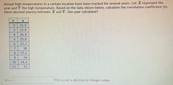 Annual high temperatures in a certain location have been tracked for several years. Let X represent the
year and Y the high temperature. Based on the data shown below, calculate the correlation coefficient (to
three decimal places) between X and Y. Use your calculator!
T
X
y
2 31.5
3
31.9
26.4
456000
7
8
9
10
11
25.8
23.3
18
17.2
14
14.3
11
This is not a decimal or integer value.