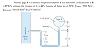 Pressure gage B is to measure the pressure at point A in a water flow. If the pressure at B
в
is 87 kPa, estimate the pressure at A, in kPa. Assume all fluids are at 20°C. ywater =9790 N/m',
Ymercury =133100 N/m2, yoil =8720 N/m³
SAE 30 oil
Gage B
Mercury
6 cm
5 cm
Water
flow
11 cm
4 cm
