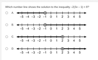 Which number line shows the solution to the inequality -2(3x – 1) < 8? O . + + + + + + -5 -4 -3 -2 -1 1 2 3 4 O B. +0+ + + -5 -4 -3 -2 -1 1 2 4 O . + + +0+ + -5 -4 -3 -2 -1 1 4 OD. + + ++ ++0 + + -5 -4 -3 -2 -1 1 4 LO 3. 3. 3. 