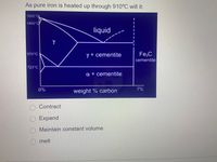 As pure iron is heated up through 910°C will it:
1600 C
1400 C
liquid
910°C
y + cementite
Fe,C
cementite
723°C
a + cementite
0%
weight % carbon
7%
Contract
OExpand
Maintain constant volume
melt
