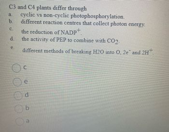 C3 and C4 plants differ through
a.
cyclic vs non-cyclic photophosphorylation.
different reaction centres that collect photon energy.
the reduction of NADP+
the activity of PEP to combine with CO2.
different methods of breaking H2O into O, 2e and 2H.
C
d
b