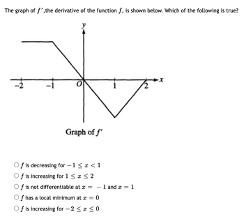 The graph of f', the derivative of the function f, is shown below. Which of the following is true?
-2
Graph of f
f is decreasing for −1 < x < 1
f is increasing for 1 ≤ x ≤ 2
f is not differentiable at x =
f has a local minimum at x = 0
f is increasing for −2 ≤ x ≤ 0
1 and x
=
1