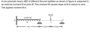 A non-prismatic beam ABC of different flexural rigidities as shown in figure is subjected to
an external moment M at point B. This moment M causes slope at B to reduce to zero.
The applied moment M is
mang
21
5m
12 kN/m
2 m
10 kN
I
+
2 m