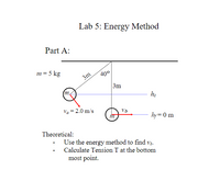 **Lab 5: Energy Method**

**Part A:**

A diagram displays a pendulum-like setup with the following details:

- A mass \( m = 5 \, \text{kg} \) is attached to a cord of length \( 3 \, \text{m} \).
- The mass is initially positioned at an angle of \( 40^\circ \) from the vertical.
- At the initial position, the mass has a velocity \( v_a = 2.0 \, \text{m/s} \).
- The height at the initial position is \( h_i \), determined by the angle and length of the pendulum.
- The final height \( h_f \) at the bottom-most point of the swing is \( 0 \, \text{m} \).

**Theoretical Tasks:**

1. **Use the energy method to find \( v_b \):**  
   Calculate the velocity of the mass at the lowest point using energy conservation principles.

2. **Calculate Tension \( T \) at the bottom-most point:**  
   Determine the tension in the cord when the mass reaches the bottom of its swing.