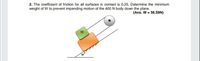 2. The coefficient of friction for all surfaces in contact is 0.25. Determine the minimum
weight of W to prevent impending motion of the 400 N body down the plane.
(Ans. W = 56.59N)
30
