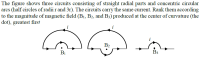 The figure shows three circuits consisting of straight radial parts and concentric circular
arcs (half circles of radii r and 3r). The circuits carry the same current. Rank them according
to the magnitude of magnetic field (B1, B2, and B3) produced at the center of curvature (the
dot), greatest first
i
i
B2
B1
B3
