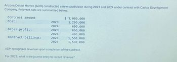 Arizona Desert Homes (ADH) constructed a new subdivision during 2023 and 2024 under contract with Cactus Development
Company. Relevant data are summarized below:
Contract amount
Cost:
Gross profit:
Contract billings:
2023
2024
2023
2024
2023
2024
$3,000,000
1,200,000
600,000
800,000
400,000
1,500,000
1,500,000
ADH recognizes revenue upon completion of the contract.
For 2023, what is the journal entry to record revenue?