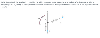 In the figure what is the net electric potential at the origin due to the circular arc of charge Q₁ = +9.00 pC and the two particles of
charges Q2 = 3.30Q1 and Q3 = -2.40Q1? The arc's center of curvature is at the origin and its radius is R = 3.10 m; the angle indicated is
= 21.0°
R
8
2.00R
x
Q2