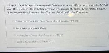 On April 1, Crystal Corporation reacquired 1,000 shares of its own $10 par stock for a total of $65,000
cash. On October 15, 300 of the treasury shares were reissued at a price of $70 per share. The journal
entry to record the reissuance of the 300 shares of stock on October 15 includes a:
Credit to Additional Paid-In Capital: Treasury Stock Transactions of $1,500
Credit to Common Stock of $3,000
Credit to Gain on Treasury Stock Transactions of $1,500
Credit to Treasury Stock Reissued of $21,000