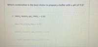 Which combination is the best choice to prepare a buffer with a pH of 9.0?
HNO2; NANO2 (pK, HNO2 = 3.33)
NH3: NHẠCI (pKb NH3 = 4.75)
HCHO2 NACH02 (pK, HCHO, = 3.74)
C3H;N: C3H;NHCI (pK, C3H;N = 8.76)

