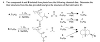 4. Two compounds A and B isolated from plants have the following chemical data. Determine the
their structures from the data provided (and give the structures of their derivative C)
A
H2
C
1. Оз
C15H28
А, С15Н24
C15H24
Pd/C
H
2. NaHSO3
В
H2
C
H.
C15H24
Pd/C
C15H28
A
HBr
Br
1. Оз
В, С15Н24
C15H24
2. NaHSO3
В
Br
HBr
C15H24
