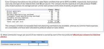 Cane Company manufactures two products called Alpha and Beta that sell for $175 and $135, respectively. Each product
uses only one type of raw material that costs $5 per pound. The company has the capacity to annually produce 117,000
units of each product. Its average cost per unit for each product at this level of activity are given below:
Direct materials
Direct labor
Variable manufacturing overhead
Traceable fixed manufacturing overhead
Variable selling expenses
Common fixed expenses
Total cost per unit
The company considers its traceable fixed manufacturing overhead to be avoidable, whereas its common fixed expenses
are unavoidable and have been allocated to products based on sales dollars.
12. What contribution margin per pound of raw material is earned by each of the two products? (Round your answers to 2 decimal
places.)
Contribution margin per pound
Alpha
Beta
$ 40
$ 15
30
30
18
16
26
29
23
19
26
21
$ 163 $ 130
Alpha
Beta