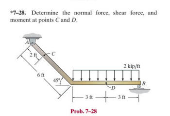 *7-28. Determine the normal force, shear force, and
moment at points C and D.
A
C
2 ft
6 ft
45%
3 ft
+
Prob. 7-28
D
3 ft
2 kip/ft
B