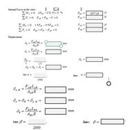Internal Forces in the wires:
EM, = 0; 2F3G -C(1.5)= 0
EF, = 0; FAH +F30 -C = 0
F30
1877.25
N
F
N
AH
EM, = 0; 1.5FCF -0.5F = 0
EF, = 0; FDE +Fg - FAH = 0
F =
AH
FDE
N
Displacement :
FOELDE-
mm
ApgE
Feg LeF
AcgE
%3D
mm
mm
%3D
1.5
8g = 8g. + dc =
%3D
mm
tan a =
Ans: a =
1500
FLAE =
mm
AE
HF.
8, = 84 +84H =
mm
BG
mm
BG
tan B =
Ans: B=
2000
I|||
