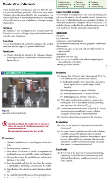 Combustion of Alcohols
When alcohols burn they produce heat. Do different alco-
hols produce different quantities of heat-do their molar
enthalpies of combustion differ? In this investigation, you
will link your study of thermochemistry to your knowledge
of the molecular structure of alcohols to investigate energy
relationships.
Purpose
The purpose of this investigation is to use calorimetry to
determine the molar enthalpy change in the combustion of
each of a series of alcohols.
Prediction
(a) Predict what should happen to the enthalpies of com-
bustion per mole of alcohol as the alcohol molecules
become larger.
INVESTIGATION 5.3.1 continued
Figure 2
Apparatus for burning alcohols
Alcohols are highly flammable. Do not attempt to
refuel the burners. If refuelling is necessary, ask
your teacher to do so.
Do not move the burners after they are lit.
Procedure
1. Obtain an alcohol burner containing one of the alco-
hols.
Question
centigram or analytical balance
How do the enthalpies of combustion change as the alcohol alcohol burners containing ethanol, propanol, and butanol
molecules become larger (i.e., ethanol to butanol)?
2. Put on your eye protection.
3. Place 100 ml. of cold water in a small can suspended over
an alcohol burner surrounded by a larger can (Figure 2).
4. Measure the mass of the alcohol burner and the tem-
perature of the water.
5. Burn the alcohol such that the heat from the reaction
is transferred as efficiently as possible into the water.
6. Cease heating when the temperature has risen about
20°C.
7. Re-weigh the alcohol burner and remaining alcohol.
O Questioning
O Hypothesizing
Predicting
mbal
O Planning
Materials
lab apron
eye protection
Conducting
Recording
● Analyzing
Evaluating
Communicating
Experimental Design
You will burn measured masses of a series of alcohols, and
calculate the amount of each alcohol burned. Assume that
the energy produced is transferred to a measured volume of
water, the temperature change of which is calculated. The
enthalpy change involved in the combustion of one mole of
each alcohol can then be calculated and compared.
thermometer
small tin can, open at one end, and cut under the rim on
opposite sides
stirring rod
ring stand with iron ring
large tin can, open at both ends, with vent openings cut
around the rim at the base
100-ml. graduated cylinder
Analysis
(b) Assume that 100 mL of water has a mass of 100 g. For
each of the alcohols, calculate and tabulate:
(i) the heat absorbed by the water in the calorimeter,
which equals the heat produced by alcohol
burning
(ii) the heat produced per gram of alcohol;
(iii) the amount (in moles) of alcohol burned;
(iv) the heat produced per mole of alcohol.
(c) Write a thermochemical equation to represent the
burning of 1 mol of each of the alcohols, including
your experimental value for AH comb
(d) Use the four methods described in Section 3.3 to rep-
resent the experimentally determined enthalpy
change for the burning of 2 mol of ethanol.
(e) Use your representations to answer the question.
Evaluation
(f) What are the sources of experimental error in this
experiment?
(g) Accepted values for combustion of the three alcohols
are: 1369 kJ/mol, 2008 kJ/mol, and 3318 kJ/mol.
Calculate a percentage difference between your exper-
imental value and the accepted values. Based on this
calculation, was the Experimental Design an accept-
able method to answer the Question?
Synthesis
(h) If you were in the business of buying, transporting.
and storing alcohols for use as home-heating fuels,
which of these alcohols would you choose to work
with? Explain.