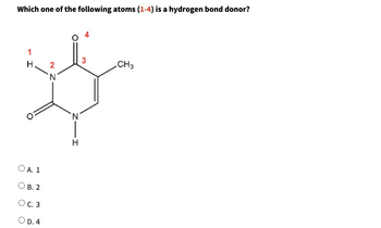 Which one of the following atoms (1-4) is a hydrogen bond donor?
1
I
A. 1
O B. 2
O c. 3
OD. 4
2
HIN
3
.CH3