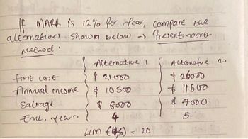 If MARK is 12% for fear, compare the
alternatives shown below -> Present worth
Method.
Alternative I
Altanatue 2.
$21000
26000
$10.500
$11500
6000
$ 7000
4
5
LCM (45) = 2061
first cost
Annual income
Salvage
EML, dears.