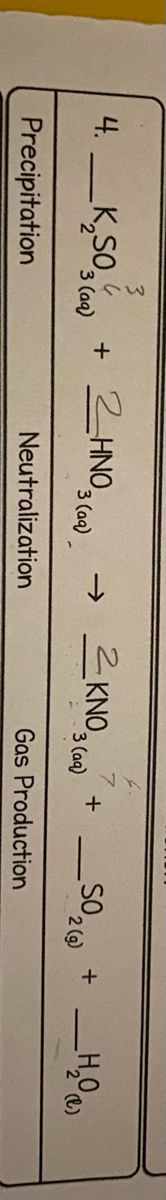 3
KNO3 (aa)
4. _K,S0, + 2INO, c.
+ 2HNO,
3 (aq)
_SO,
3 (aq)
2 (g)
Neutralization
Gas Production
Precipitation
