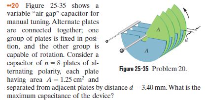 *20 Figure 25-35 shows a
variable "air gap" capacitor for
manual tuning. Alternate plates
are connected together; one
group of plates is fixed in posi-
tion, and the other group is
capable of rotation. Consider a
capacitor of n = 8 plates of al-
ternating polarity, each plate
having area A = 1.25 cm? and
separated from adjacent plates by distance d = 3.40 mm. What is the
maximum capacitance of the device?
Figure 25-35 Problem 20.
