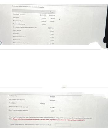 3
Presented below is information related to Ayayai Inc.
Inventory, 12/31/25
Purchases
Purchase returns
Purchase discounts
Gross sales (before employee discounts)
Sales returns
Markups
Markup cancellations
Markdowns
Markdown cancellations
Markdowns
Markdown cancellations
Freight-in
Employee discounts granted
Loss from breakage (normal)
Cost
$167.900
752,800
44,600
11.000
41,000
Retail
$282.000
1.238,000
73.200
1,237,000
53,400
74,800
15,400
87,000
19,200
87,000
19,200
11,700
8,100
Assuming that Ayayai Inc. uses the conventional retail inventory method, compute the cost of its ending inventory at December 31.
2026. (Round ratios for computational purposes to 0 decimal places, eg 78% and final answer to 0 decimal places, eg. 28,987.)
Ending inventory using the conventional retail inventory method $