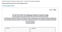 Predict the sign of the entropy change, A,S°, for each of the reaction displayed.
Drag the appropriate items to their respective bins.
• View Available Hint(s)
Reset Help
A : Ba?- (ag) + SO4²- (ag)→BASO( : Ca(OH)2(s)→C2O(s) + H2O(g)
C: 2N20(9)→2N2(9) + O2(9)
D: 2Na(s) + Cl2(9)→2NaCl(s)
E : C3H3 (9) + 502(9)→3CO2(9) +4
F: 12(s)¬I2(9)
Positive
Negative
