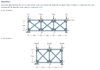 SITUATION 1
Determine (approximately) the force in each member of the truss. Assume the diagonals can support either a tensile or a compressive force and
assuming that the diagonals cannot support a compressive force.
A. Use Method 2
7 k
14 k
14 k
7 k
H
F
E
2k
6 ft
D
В
8 ft
8 ft
8 ft
B. Use Method 1
50 kN
40 kN
20 kN
| F
E
3 m
|B
3 m
3 m
