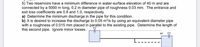 5) Two reservoirs have a minimum difference in water-surface elevation of 40 m and are
connected by a 5000 m long, 0.2 m diameter pipe of roughness 0.03 mm. The entrance and
exit loss coefficients are 0.8 and 1.0, respectively.
a) Determine the minimum discharge in the pipe for this condition.
b) It is desired to increase the discharge to 0.05 m3/s by using an equivalent diameter pipe
with a roughness of 0.015 mm placed in parallel to the existing pipe. Determine the length of
this second pipe. Ignore minor losses.
40'
