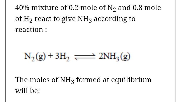 40% mixture of 0.2 mole of N2 and 0.8 mole
of H2 react to give NH3 according to
reaction :
N2(g) + 3H, =
2NH; (g)
The moles of NH3 formed at equilibrium
will be:
