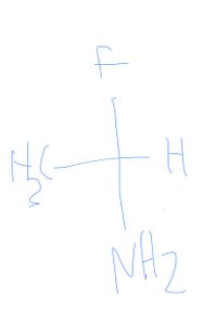 The image depicts a 2D representation of a chiral molecule with a central carbon atom. The structure is represented in a cross form, indicating tetrahedral geometry, common in organic chemistry for carbon atoms bonded to four different substituents. The molecule's substituents are labeled as follows:

- Top: F (Fluorine)
- Right: H (Hydrogen)
- Bottom: NH₂ (Amino group)
- Left: CH₃ (Methyl group)

This layout suggests the molecule is a simple amino acid or an organic compound with these functionalities. The arrangement shows the spatial configuration essential for stereochemistry, which affects the molecule's reactivity and interactions in biological contexts. Understanding these structures is critical for studying biomolecular interactions and synthesis in organic chemistry.