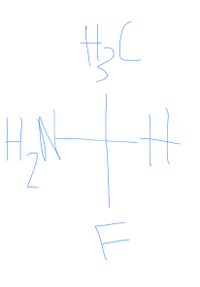 This image displays the structural formula of a chiral molecule centered around a carbon atom. The carbon atom is connected to four different groups:

1. **H₃C (Methyl group)**
   - Positioned above the central carbon atom.
   
2. **H (Hydrogen atom)**
   - Positioned to the right of the central carbon atom.
   
3. **NH₂ (Amino group)**
   - Positioned to the left of the central carbon atom.
   
4. **F (Fluorine atom)**
   - Positioned below the central carbon atom.

This configuration suggests a tetrahedral geometry typical of chiral molecules, where the central carbon is bonded to four distinct substituents. Chiral molecules are important in fields such as chemistry and pharmacology, where their spatial arrangement can drastically affect their properties and interactions.