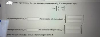 Find the eigenvalues 11 <12 and associated unit eigenvectors 1, 2 of the symmetric matrix
8
-6
A =
-6
-8
The smaller eigenvalue ₁ =
has associated unit eigenvector u₁
=
The larger eigenvalue 12 =
has associated unit eigenvector ₂ =
Note: The eigenvectors above form an orthonormal eigenbasis for A.