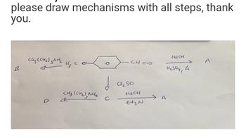 please draw mechanisms with all steps, thank
you.
B
сиз (сиг) занг
4
D
C
CH3 ((U₂), NV₂
d
с
CHVO
Cl₂ So
MeOH
E+3 N
Meok
₂soy, A
A