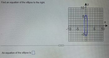 **Problem: Finding the Equation of an Ellipse**

To find the equation of the ellipse depicted on the graph, we need to analyze the graph in the image.

**Graph Description:**
- The graph features a coordinate plane with an ellipse centered at the origin (0, 0).
- The x-axis and y-axis both range from -10 to 10.
- The ellipse is vertically oriented, meaning it is taller than it is wide.

**Ellipse Characteristics:**
- The semi-major axis (along the y-direction) extends from -5 to 5 on the y-axis, giving it a length of 10. Therefore, the length of the semi-major axis is 5.
- The semi-minor axis (along the x-direction) extends from -2 to 2 on the x-axis, giving it a length of 4. Therefore, the length of the semi-minor axis is 2.

**Equation Form:**
The equation of an ellipse centered at the origin, with a semi-major axis along the y-axis and a semi-minor axis along the x-axis, is given by:

\[
\frac{x^2}{b^2} + \frac{y^2}{a^2} = 1
\]

Where:
- \(a\) is the semi-major axis length (5).
- \(b\) is the semi-minor axis length (2).

**Plugging in the Values:**

\[
\frac{x^2}{2^2} + \frac{y^2}{5^2} = 1
\]

This simplifies to:

\[
\frac{x^2}{4} + \frac{y^2}{25} = 1
\]

Thus, the equation of the ellipse is:

\[
\frac{x^2}{4} + \frac{y^2}{25} = 1
\]