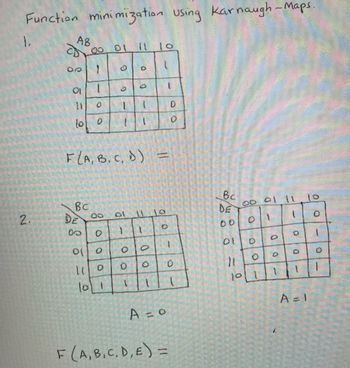 # Function Minimization Using Karnaugh Maps

## 1. Karnaugh Map for F(A, B, C, D)

### Diagram:

#### Header:
- **Column Variables (AB):** 00, 01, 11, 10
- **Row Variables (CD):** 00, 01, 11, 10

#### Table Content:

|     | 00 | 01 | 11 | 10 |
|-----|----|----|----|----|
| **00** | 1  | 0  | 0  | 1  |
| **01** | 1  | 0  | 1  | D  |
| **11** | D  | D  | 1  | 0  |
| **10** | 0  | 1  | 1  | 0  |

### Function:
\[ F(A, B, C, D) = \dots \] *(Details to be filled based on binary grouping and simplification.)*

## 2. Karnaugh Maps for F(A, B, C, D, E)

### A = 0

#### Diagram:

#### Header:
- **Column Variables (BC):** 00, 01, 11, 10
- **Row Variables (DE):** 00, 01, 11, 10

#### Table Content:

|     | 00 | 01 | 11 | 10 |
|-----|----|----|----|----|
| **00** | 0  | 1  | 1  | 0  |
| **01** | 0  | 0  | 0  | 1  |
| **11** | 0  | 0  | 1  | 0  |
| **10** | 1  | 1  | 1  | 1  |

### A = 1

#### Diagram:

#### Header:
- **Column Variables (BC):** 00, 01, 11, 10
- **Row Variables (DE):** 00, 01, 11, 10

#### Table Content:

|     | 00 | 01 | 11 | 10 |
|-----|----|----|----|----|
| **00** | 0  | 1  | 1  | 