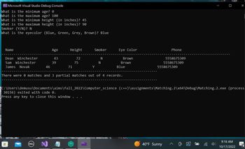 C: Microsoft Visual Studio Debug Console
What is the minimum age? 0
What is the maximum age? 100
What is the minimum height (in inches)? 45
What is the maximum height (in inches)? 90
Smoker (Y/N)? N
What is the eyecolor (Blue, Green, Grey, Brown)? Blue
Name
Dean Winchester
Sam Winchester
James Novak
■
46
DELL
Age
43
N
39
Height
71
72
O
75
●
Smoker
Y
There were 0 matches and 3 partial matches out of 4 records.
C:\_
N
N
Eye Color
Brown
Brown
C:\Users\demusu\Documents\aims\fall_2022\Computer_science (c++)\assignments\Matching.2\x64\Debug\Matching.2.exe (process
30156) exited with code 0.
Press any key to close this window
Blue
Phone
5558675309
5558675309
5558675309
40°F Sunny
(8)
›)
9:16 AM
10/17/2022