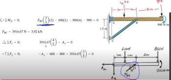 (+ΣΜΑ = 0;
FBC
= 3916.67 N =
= ΣF = 0;
+ 1 ΣF, = 0;
FBc(³)(2) – 600(1) – 800(4) – 900 – 0
=
3.92 kN
3916.67
Ax = 0
7 (³²3) -
-Ay-600-800 +3916.67
= 0
1.5 m
Ax
An
3
Im
0
600N
fim
FBe
B
-2m
2m
800
900 N·m
800N
gooN.m