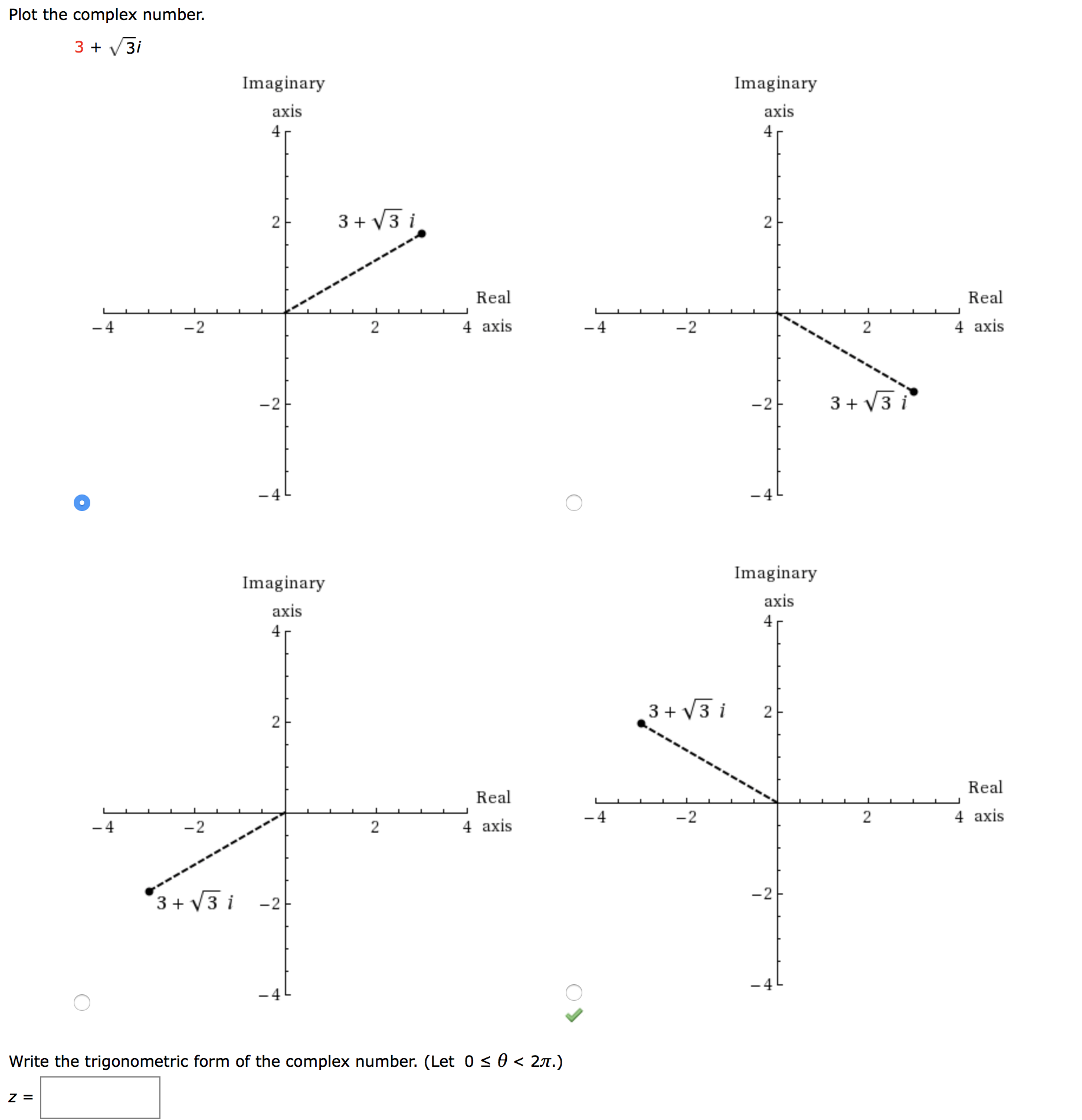 Answered: Plot the complex number. 3 + V3i… | bartleby