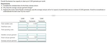 Perreth Drycleaners has capacity to clean up to 5,000 garments per month.
Requirements
1. Complete the schedule below for the three volumes shown.
2. Why does the average cost per garment change?
3. Suppose the owner, Davis Perreth, erroneously uses the average cost per unit at full capacity to predict total costs at a volume of 2,000 garments. Would he overestimate or
underestimate his total costs? By how much?
Total variable costs
Total fixed costs
Total operating costs
Variable cost per garment
Fixed cost per garment
Average cost per garment
2,000
Garments
$
$
3,500
Garments
3,150
1.80
5,000
Garments
C