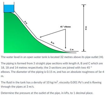 Am
m.
Bm
45° elbows
cm
1
Hm
The water level in an open water tank is located 32 metres above its pipe outlet (H).
The piping is formed from 3 straight pipe sections with length A, B and C which are
18, 18 and 14 metres respectively; the 3 sections are joined with two 45°
elbows. The diameter of the piping is 0.15 m, and has an absolute roughness of 5e-4
The fluid in the tank has a density of 10 kg/m³, viscosity 0.001 Pa*s and is flowing
through the pipes at 3 m/s.
Determine the pressure at the outlet of the pipe, in kPa, to 1 decimal place.